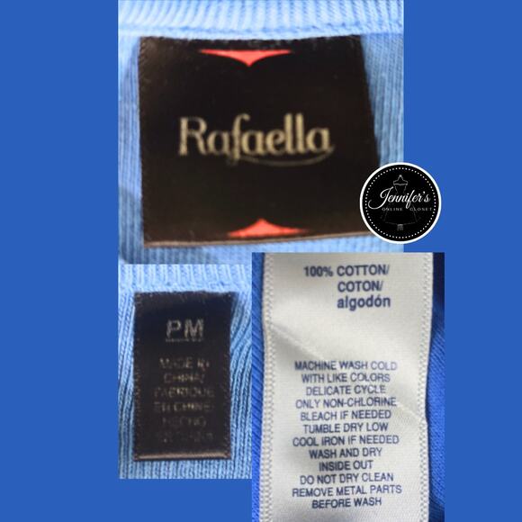 3/$30 Rafaella Blue V-Neck Gold Chain and Button Short Sleeve Knit Top Size PM - Picture 9 of 11